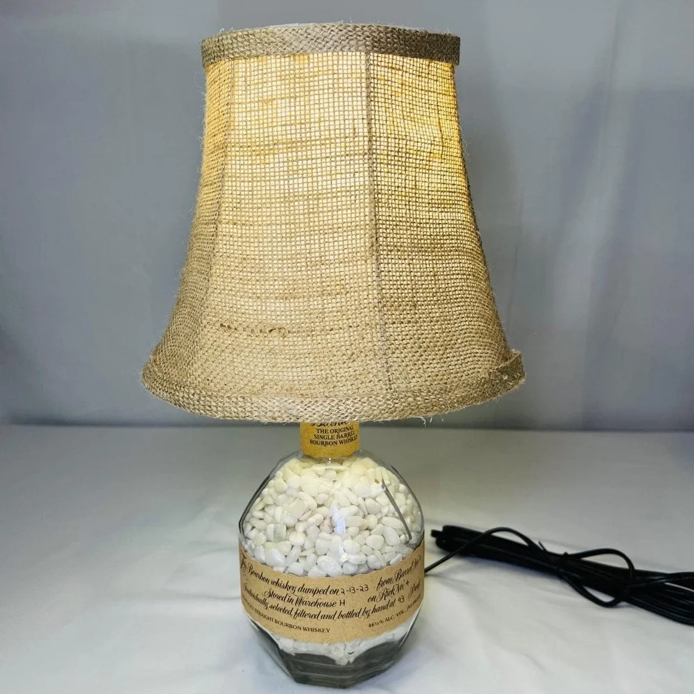Blantons Bourbon Bottle Lamp Custom White Stone Fill Burlap Shade Rustic Decor‎